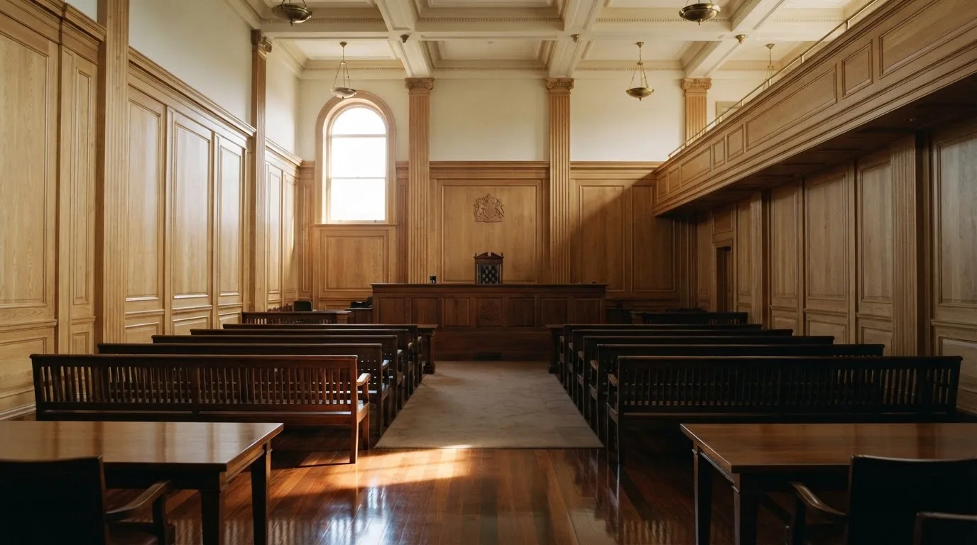 Tom rettssal med trepanel i morgenlys — 10 kr casinoer i norge