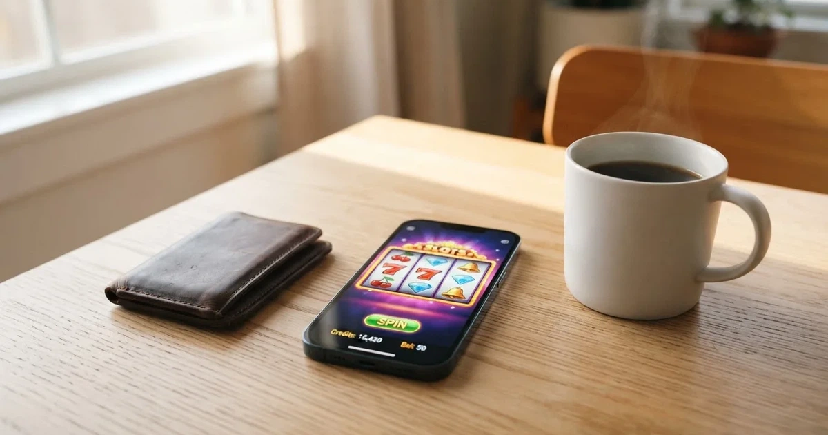 Mobiltelefon på et trebord ved siden av en lommebok og en kopp kaffe — 10 kr casinoer i norge