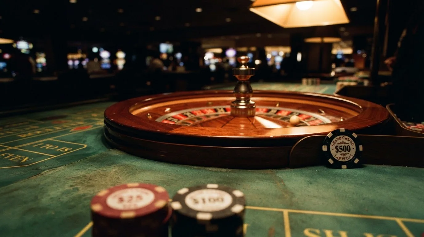 Rulettehjul og sjetonger på grønn filt i varmt kveldslys — 10 kr casinoer i norge