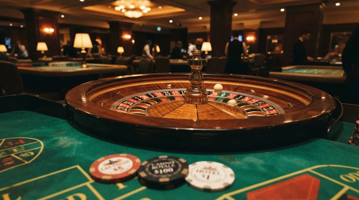 Rulettehjul og sjetonger på grønn filt i varmt kveldslys — 100 kr casinoer i norge