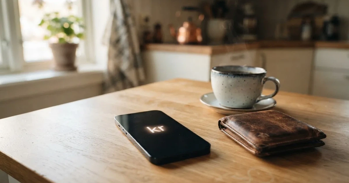 Mobiltelefon på et trebord ved siden av en lommebok og en kopp kaffe — 20 kr casinoer i norge