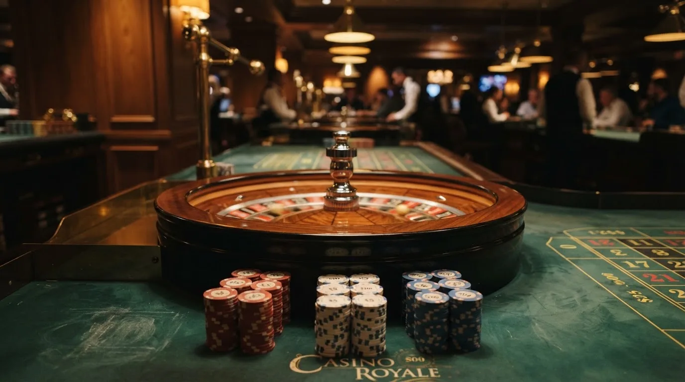 Rulettehjul og sjetonger på grønn filt i varmt kveldslys — 20 kr casinoer i norge