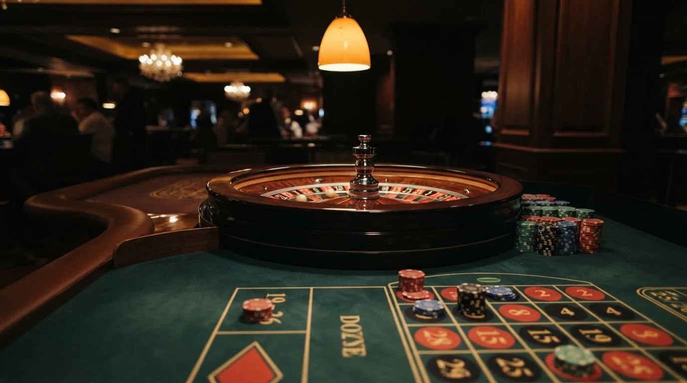 Rulettehjul og sjetonger på grønn filt i varmt kveldslys — anmeldelser av norske casinoer