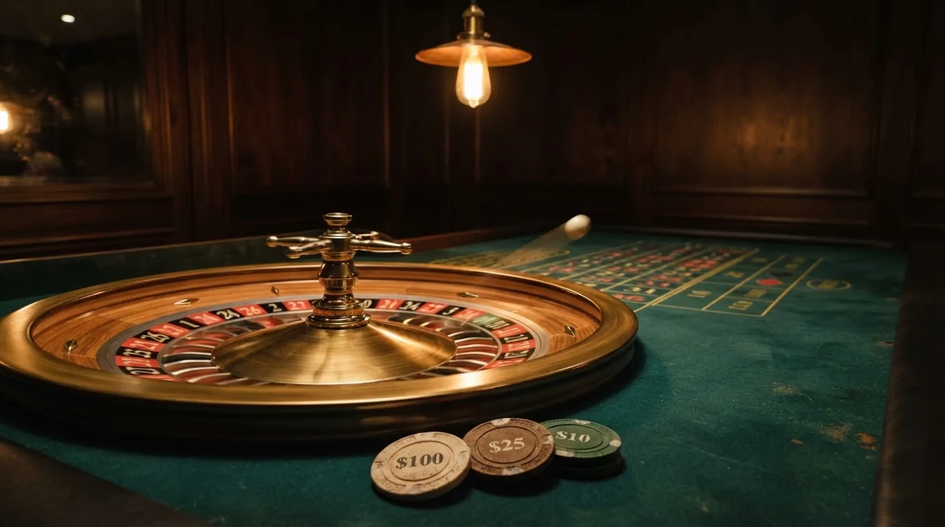 Rulettehjul og sjetonger på grønn filt i varmt kveldslys — beste bonuser på norske casinoer