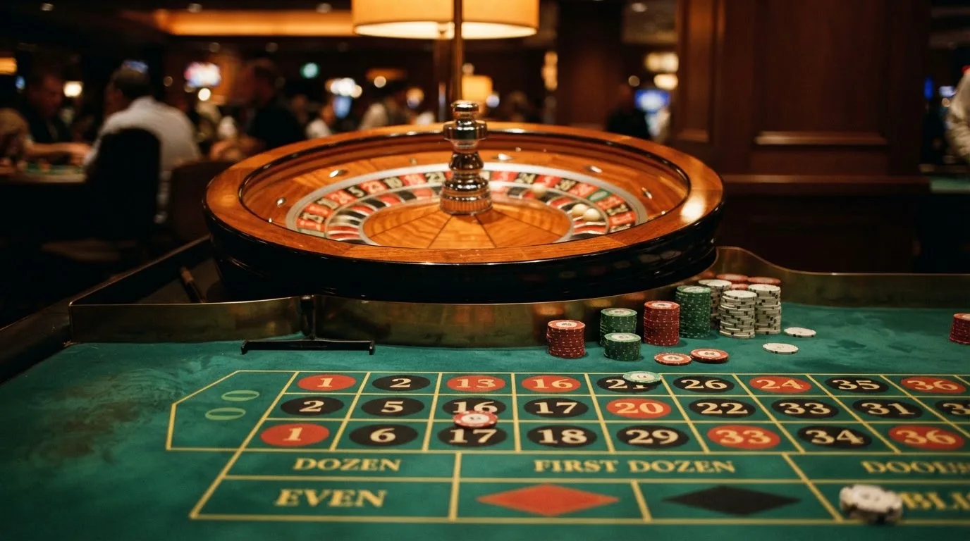 Rulettehjul og sjetonger på grønn filt i varmt kveldslys — beste casino spilleautomater