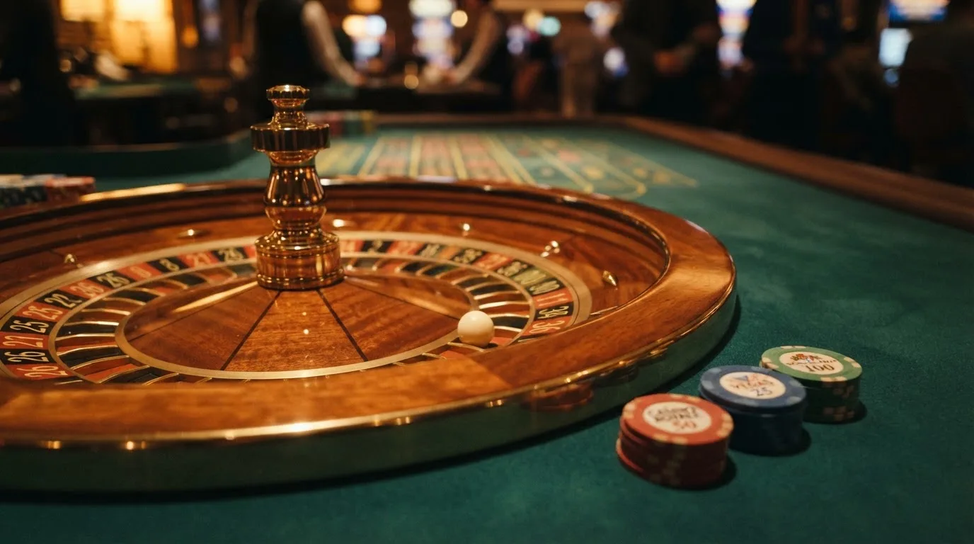 Rulettehjul og sjetonger på grønn filt i varmt kveldslys — beste casinobonuser i norge