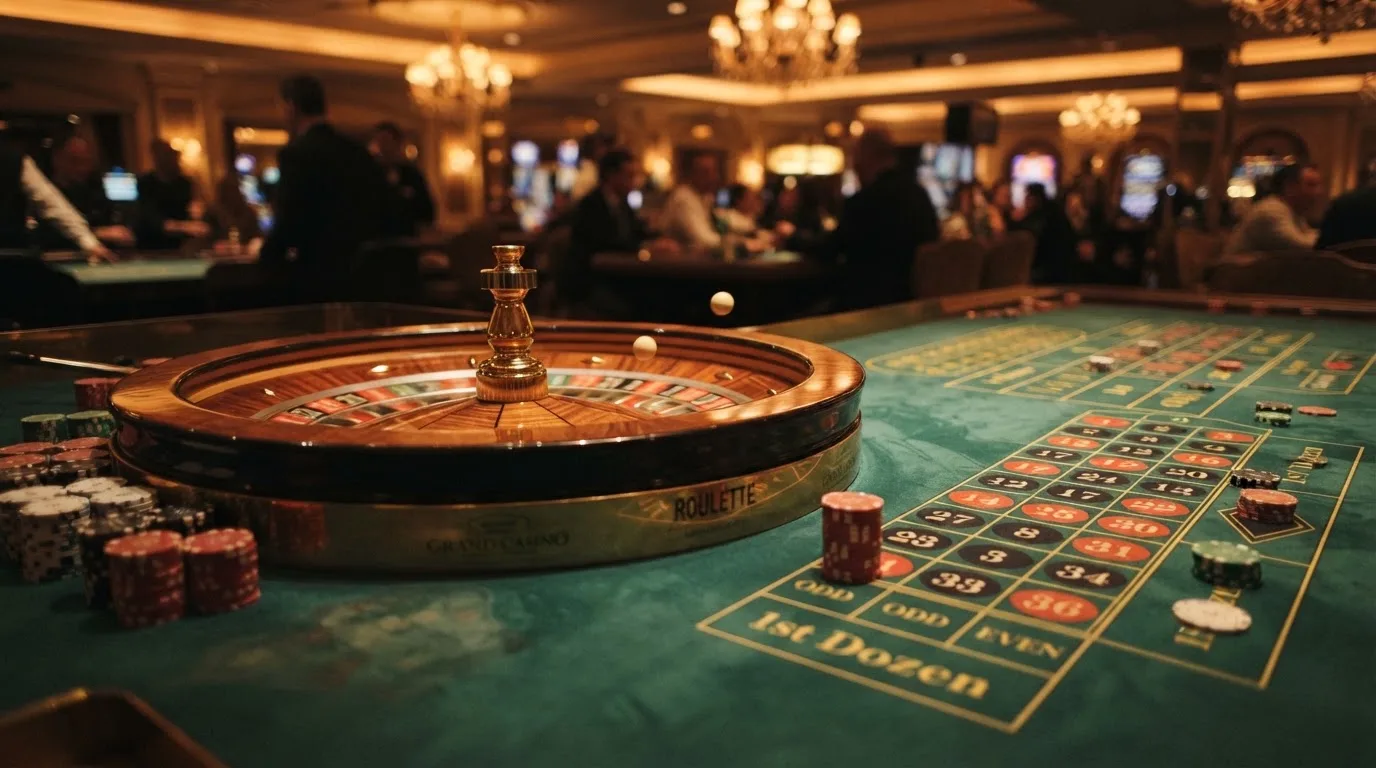 Rulettehjul og sjetonger på grønn filt i varmt kveldslys — beste casinoer med baccarat