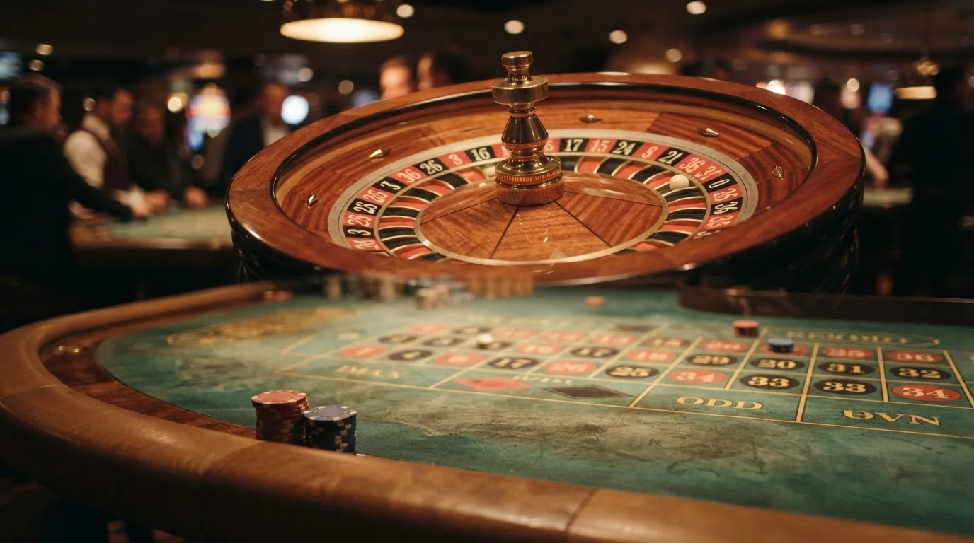Rulettehjul og sjetonger på grønn filt i varmt kveldslys — beste casinoer med bingo