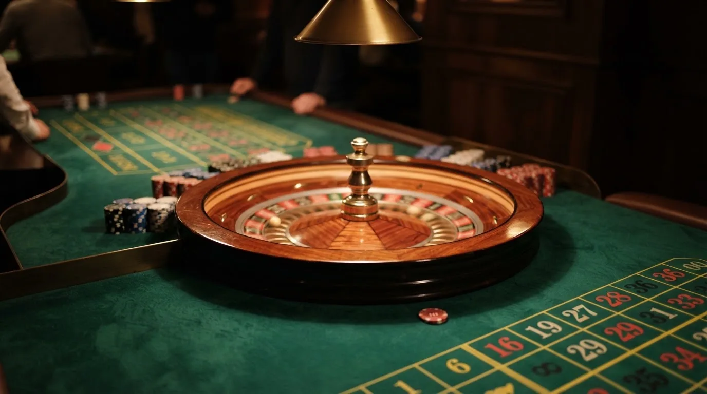 Rulettehjul og sjetonger på grønn filt i varmt kveldslys — beste utenlandske casinoer