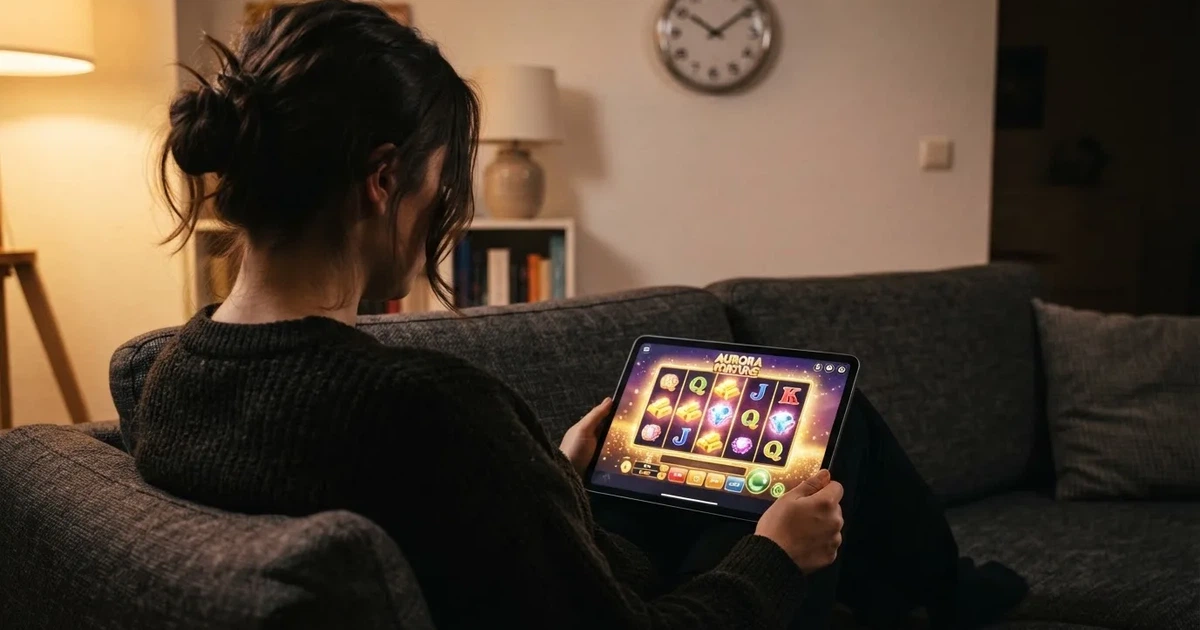 Person i en sofa ser ettertenksomt på et nettbrett, en klokke på veggen bak — bonuser på nettcasino