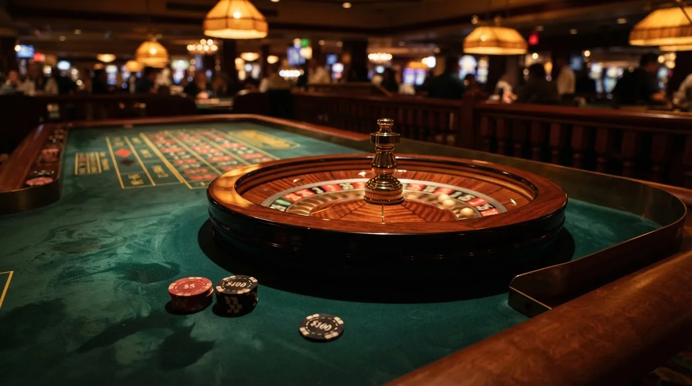 Rulettehjul og sjetonger på grønn filt i varmt kveldslys — bonuser på nettcasino