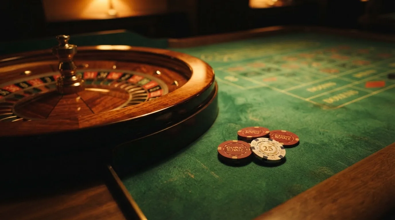 Rulettehjul og sjetonger på grønn filt i varmt kveldslys — casino slots in norway