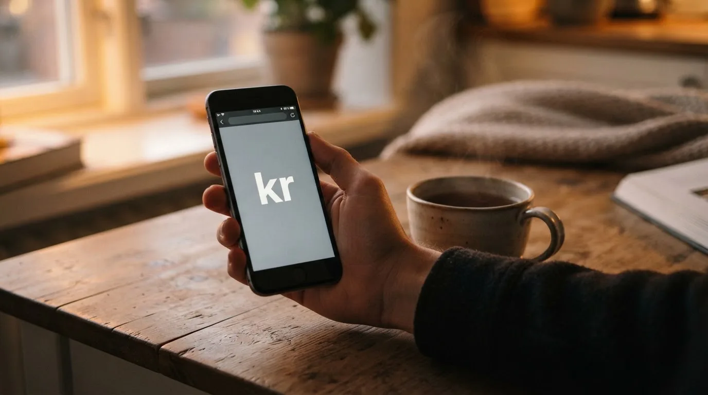 Hånd holder en mobiltelefon ved siden av en kopp te ved et kjøkkenbord en rolig kveld — casino tipping i norge