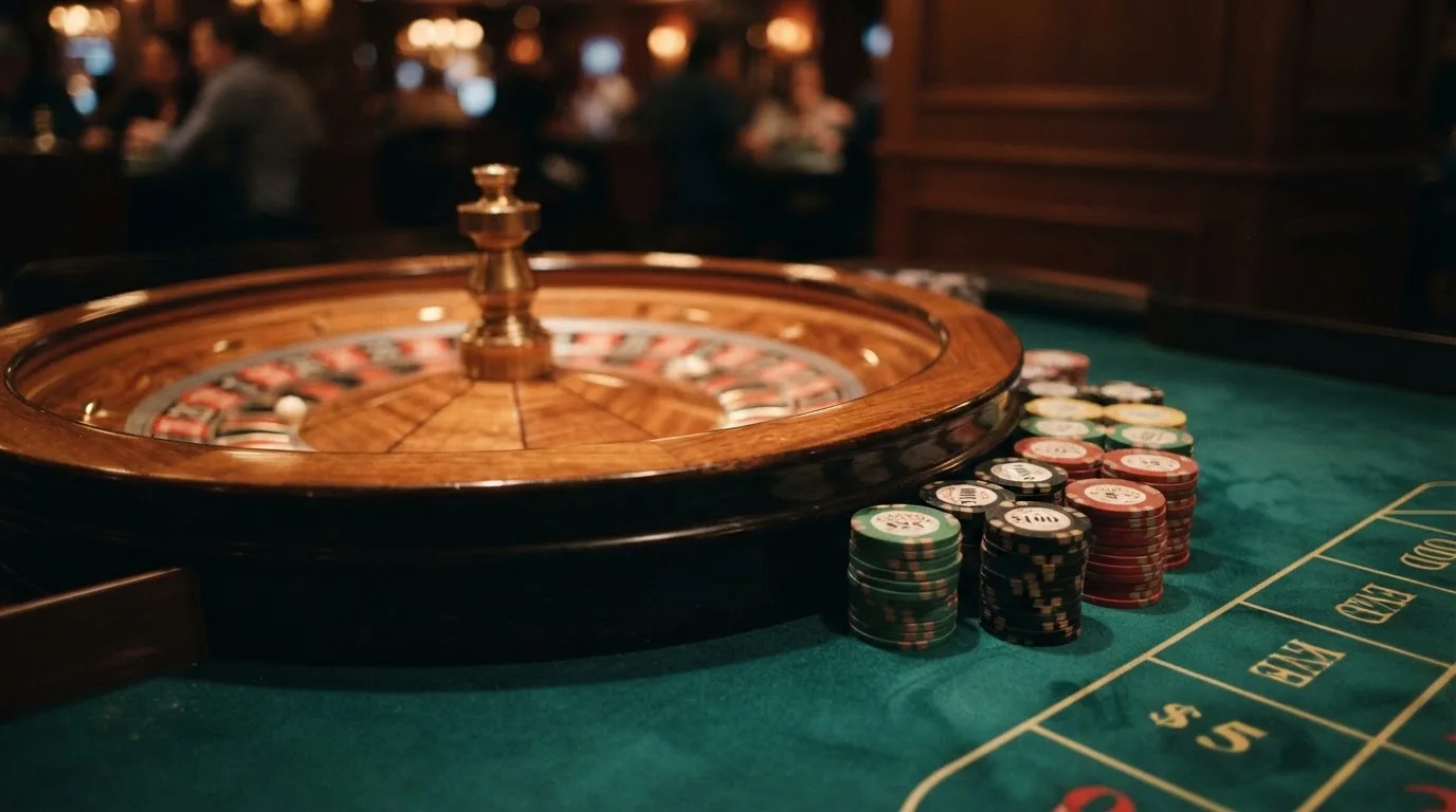 Rulettehjul og sjetonger på grønn filt i varmt kveldslys — casino tipping i norge