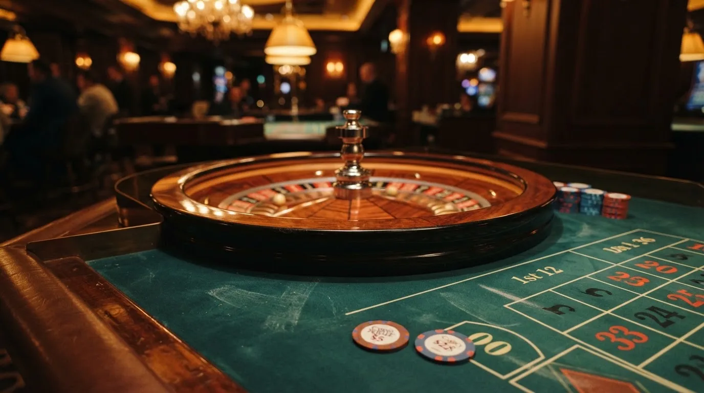 Rulettehjul og sjetonger på grønn filt i varmt kveldslys — casino uten lisens i norge