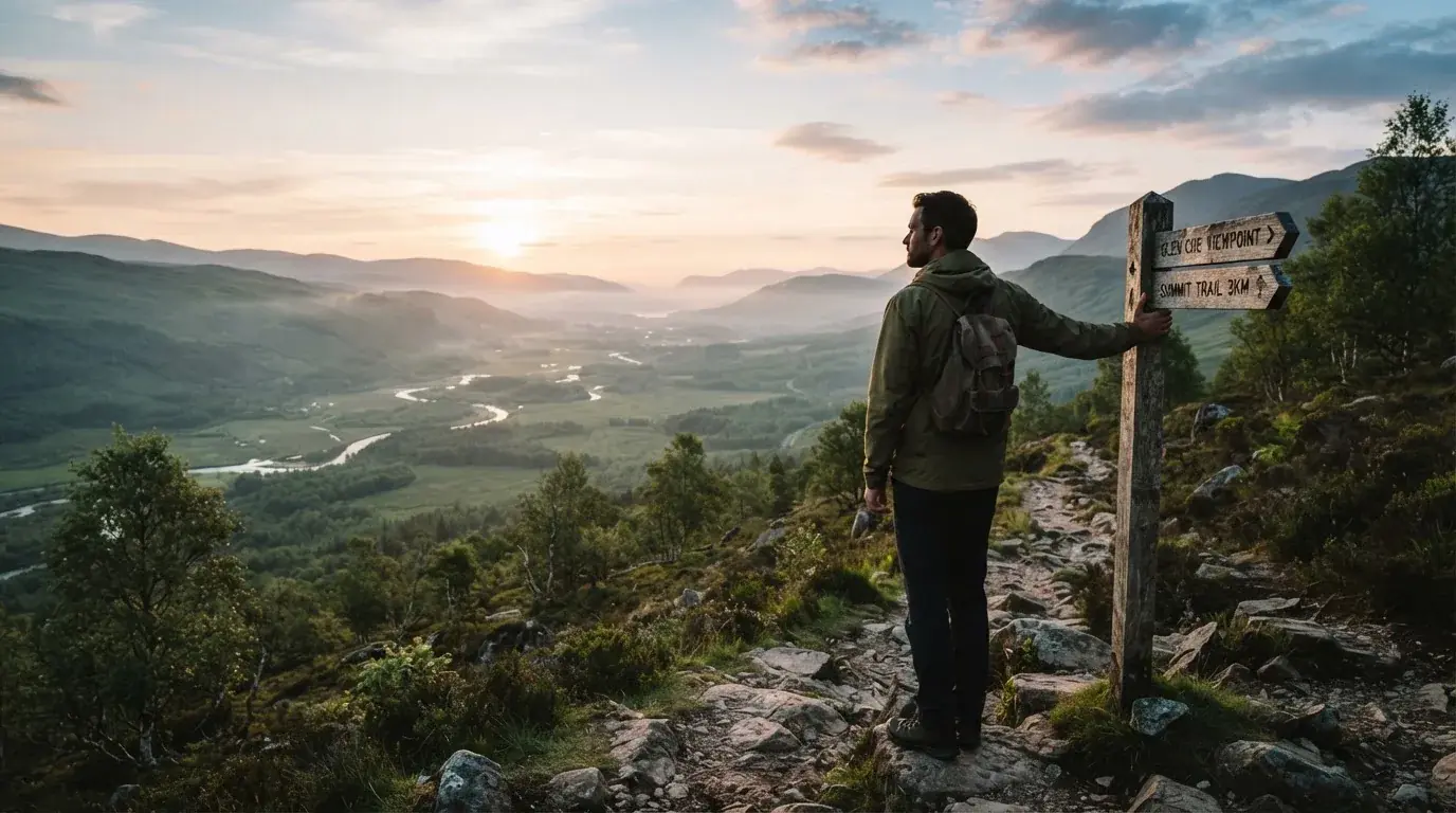 Mann på fjelltur stopper og ser utover en dal i morgenlys