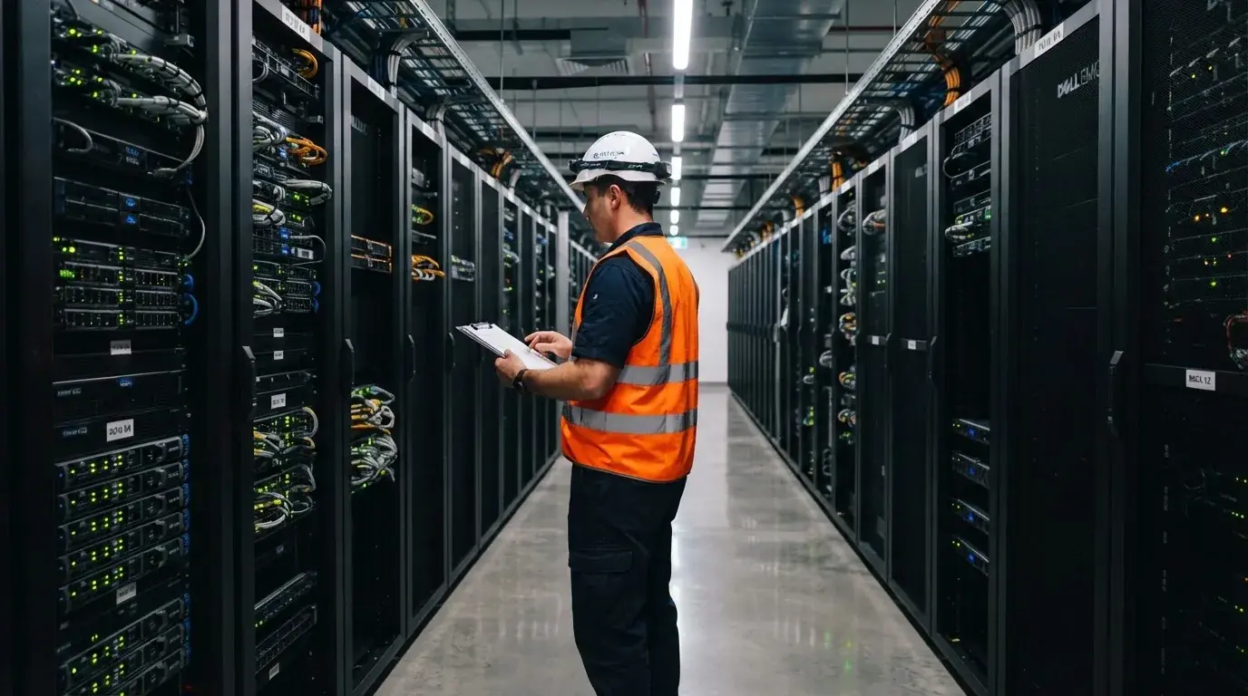 Inspektør i refleksvest og hjelm ser på rader av serverskap i et lyst datarom