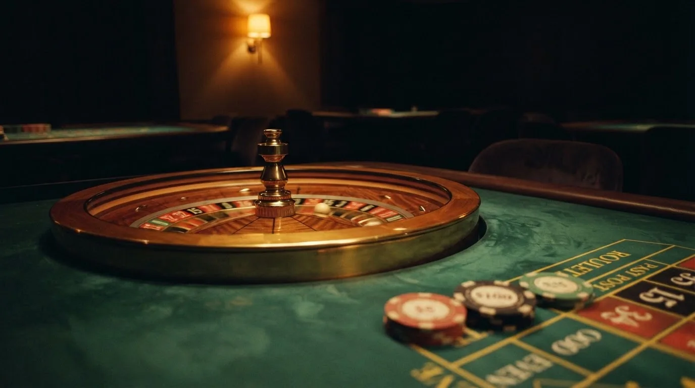 Rulettehjul og sjetonger på grønn filt i varmt kveldslys — casinoer med bitcoin i norge
