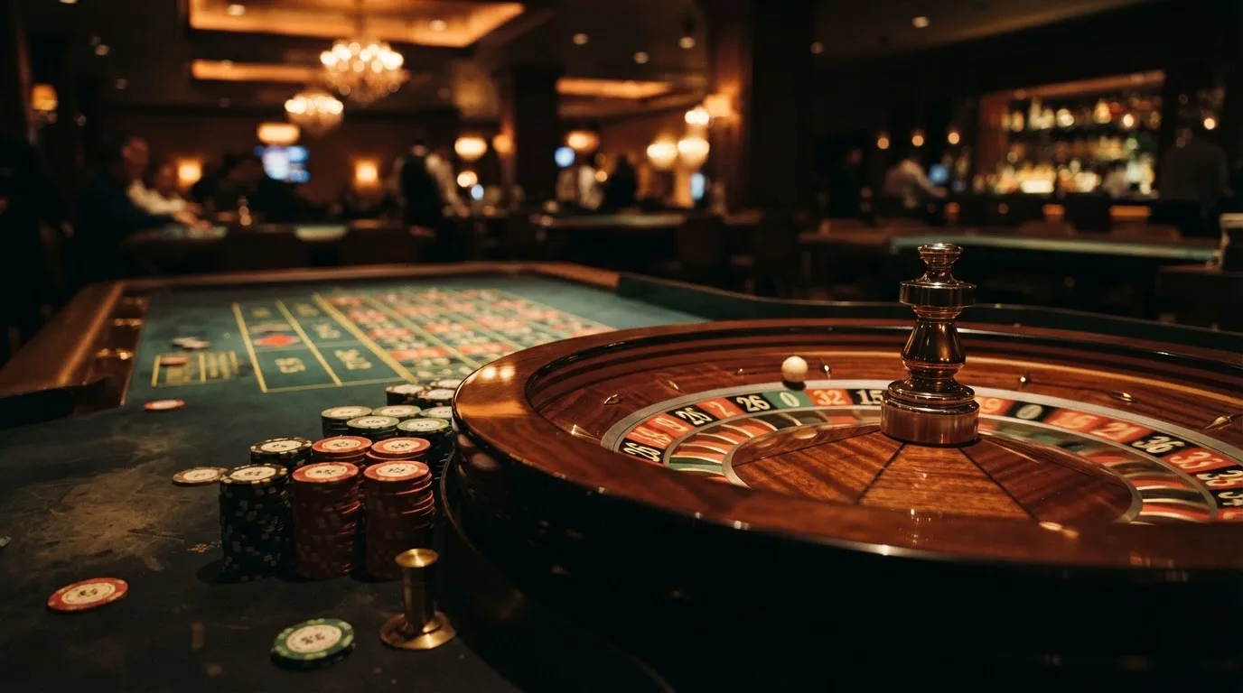 Rulettehjul og sjetonger på grønn filt i varmt kveldslys — casinoer med dogecoin i norge
