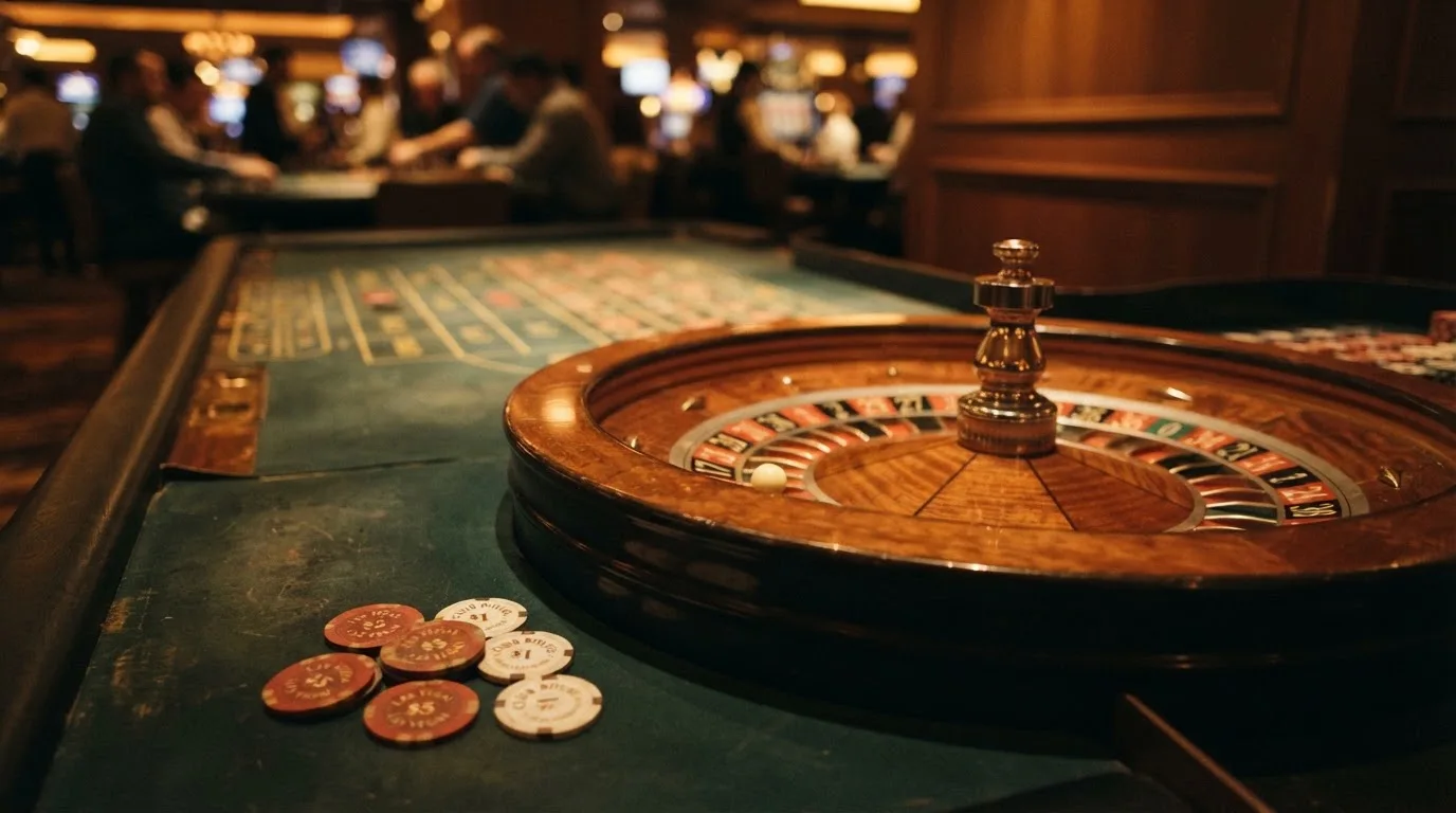 Rulettehjul og sjetonger på grønn filt i varmt kveldslys — live roulette in norway