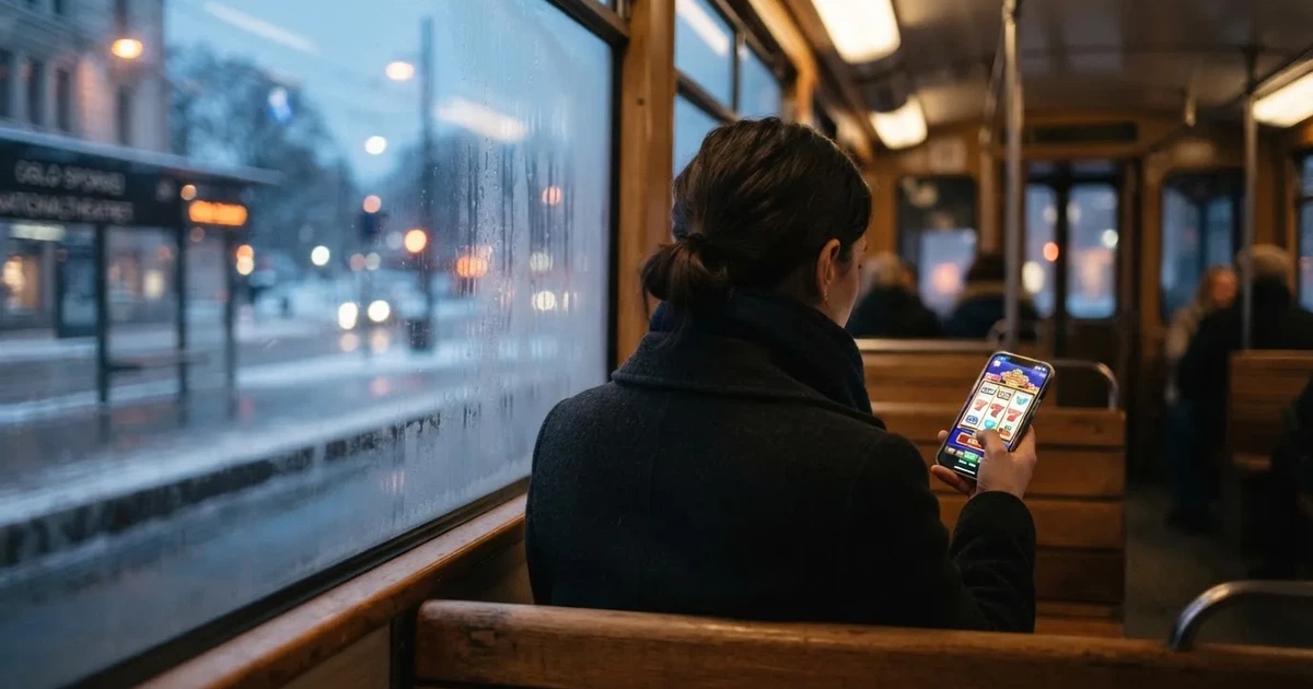 Mobiltelefon i hånden på trikken i Oslo en vinterkveld — norske casinoer på android