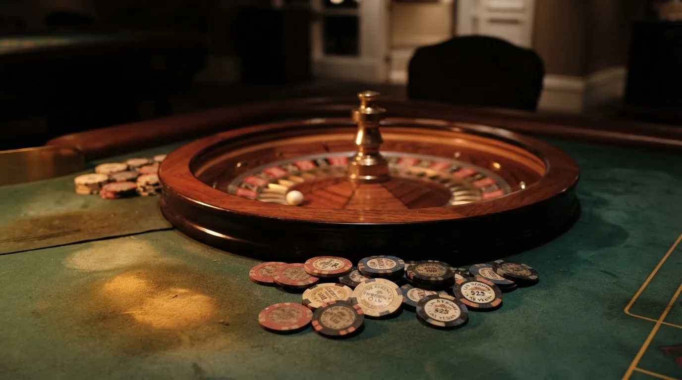 Rulettehjul og sjetonger på grønn filt i varmt kveldslys — norske casinoer på android