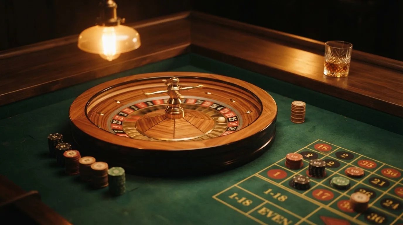 Rulettehjul og sjetonger på grønn filt i varmt kveldslys — norske casinoer på ios